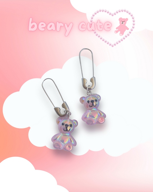 4. beary pink safety pin earrings